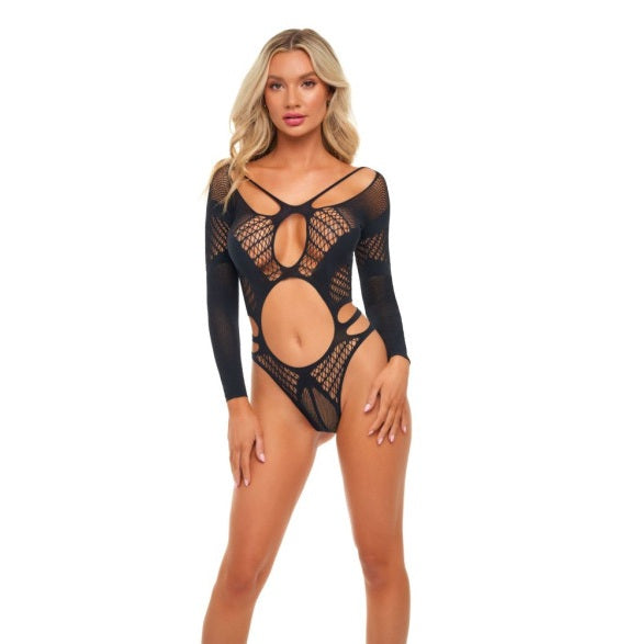 Pink Lipstick Butterfly Net Bodysuit Black Size OS