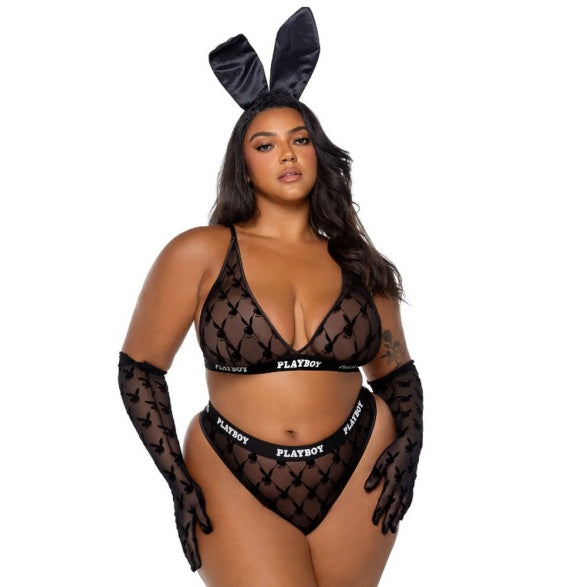 Playboy Lingerie Flocked Bunny 2 Pc Lingerie Set Black Size XS/S/M/L