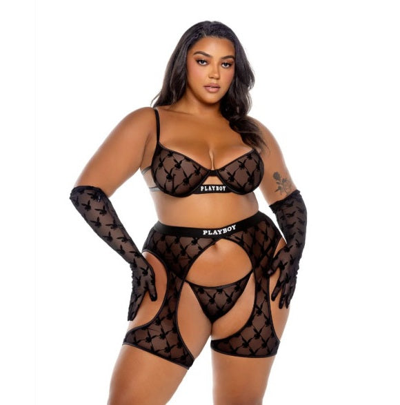 Playboy Lingerie Flocked Bunny Chaps 3 Pc Set Black Size XS/S/M/L