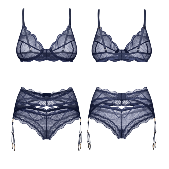 Obsessive Lingerie Nightly Blue Bra Panty Garter 3 Pc Size XS/S or M/L