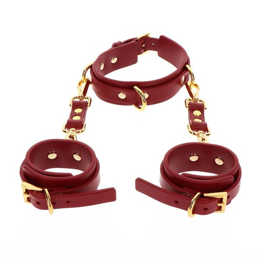 TABOOM Bondage in Luxury D-Ring Collar And Wrist Cuffs Red