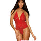 Dreamgirl Stretch Lace Garter Teddy with Metal Heart Chain Details Ruby Size OS