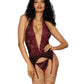 Dreamgirl Lace and Stretch Velvet Garter Slip and G-string Set Burgundy Size OS