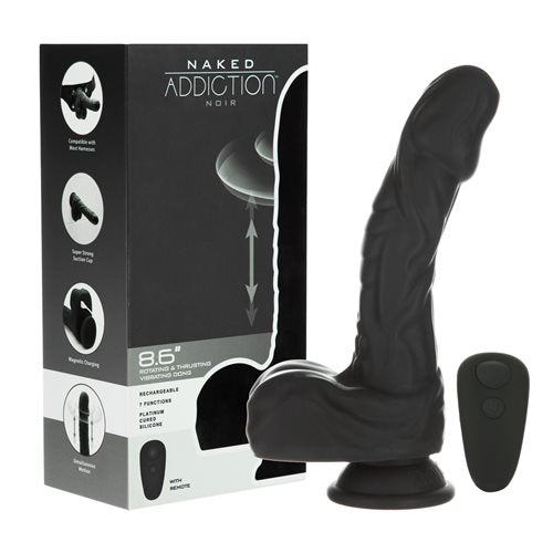 Naked Addiction 8.6” Silicone Rotating & Thrusting Vibrating Dildo with Remote - Noir