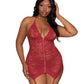 Dreamgirl Plus Size Stretch Lace Garter Slip & G-String Set with Halter Neck & Back Tie Closure Garnet Size OSQ