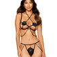 Dreamgirl Open Cup Bralette and Open Crotch Thong Set with 3D Flower Appliquest and Crystal Beaded Trim Black Size OS
