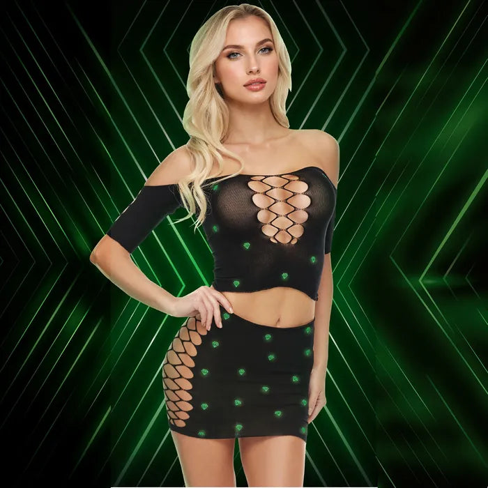Lapdance Diamond Crop Top & Skirt Set Black with Glow In Dark Pattern - Size OS