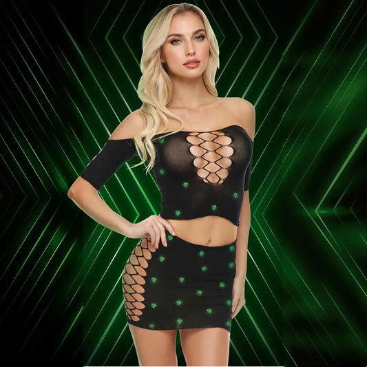 Lapdance Diamond Crop Top & Skirt Set Black with Glow In Dark Pattern - Size OS