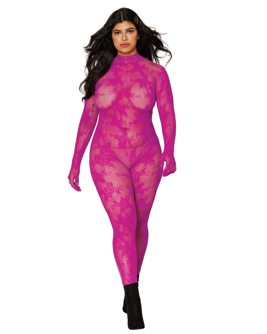 Dreamgirl Seamless Floral Knitted Fishnet Catsuit Bodystocking Azalea Size OSX