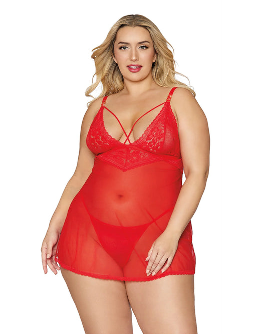 Dreamgirl Lace and Mesh Babdoll and G-string Set Lipstick Red Plus Size