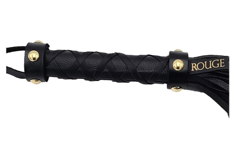Rouge Leather Studded Long Flogger With Gold Accents
