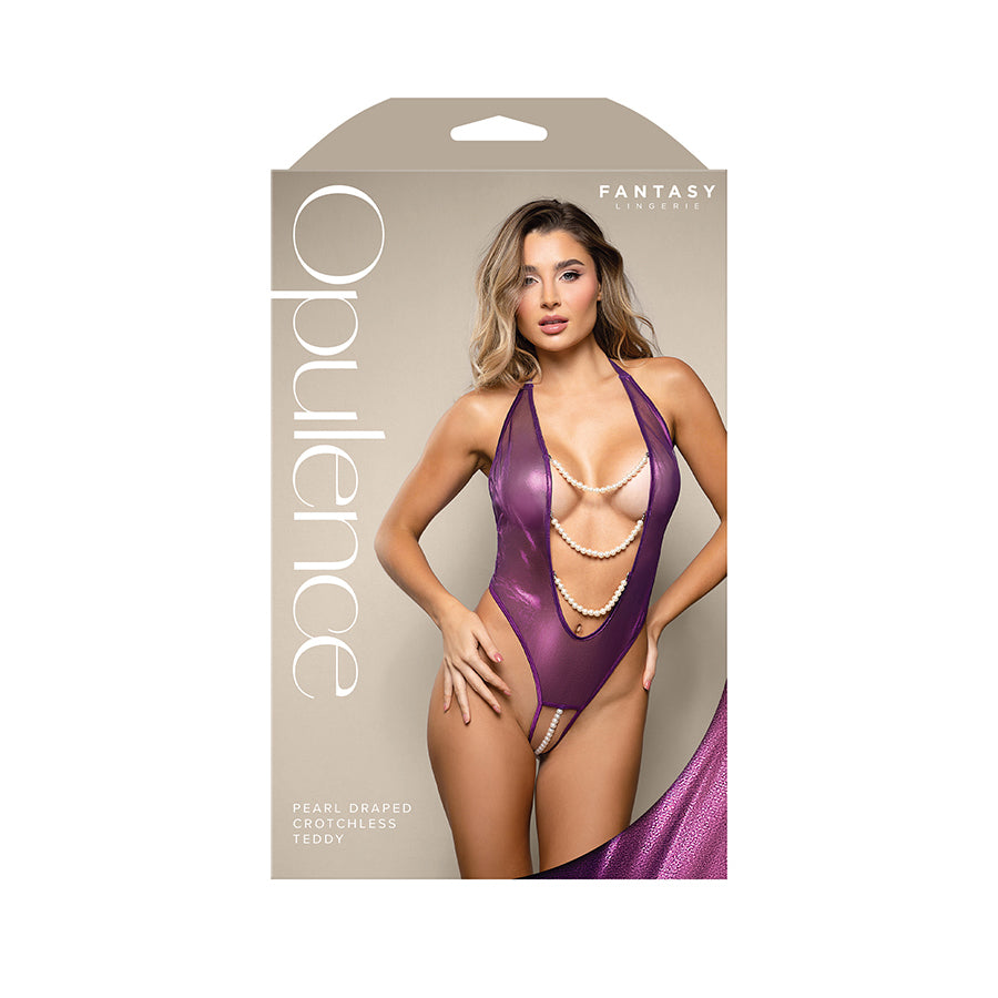 Fantasy Lingerie OPULENCE Pearl Draped Crotchless Teddy Purple Size S/M or M/L