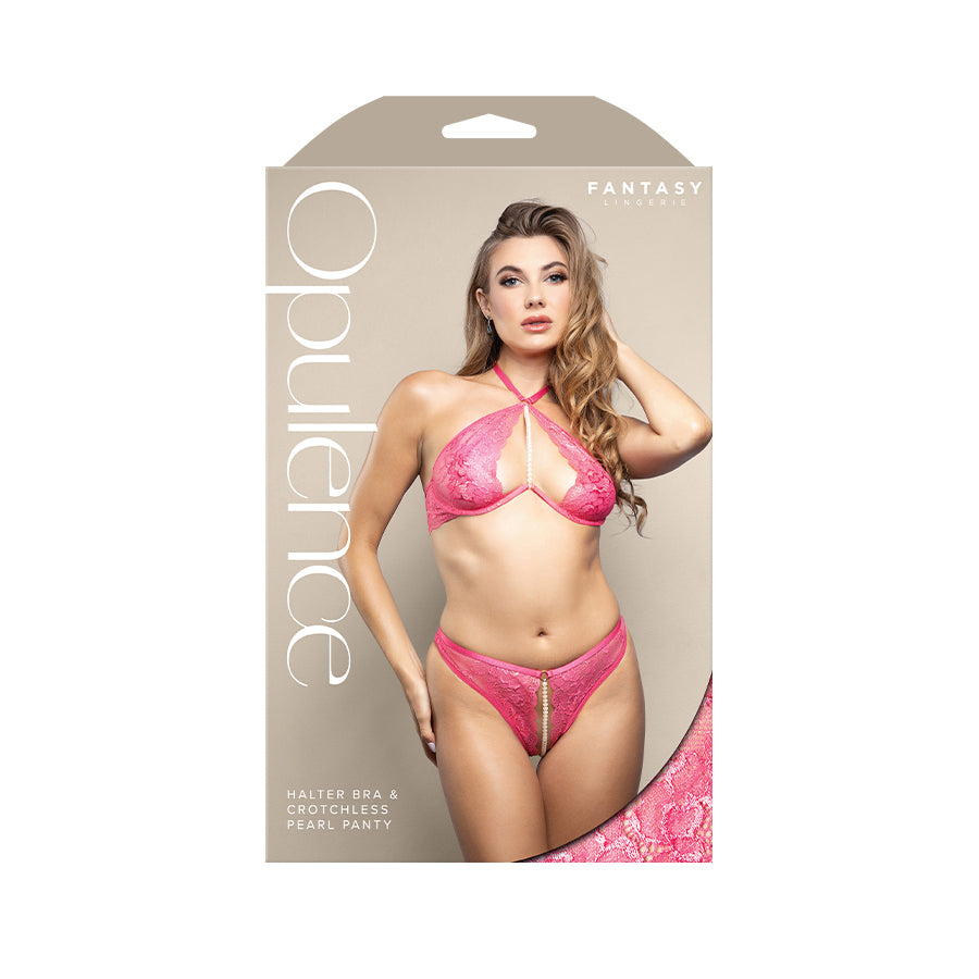 Fantasy Lingerie OPULENCE Halter Bra & Crotchless Pearl Panty - Pink Size S/M or M/L