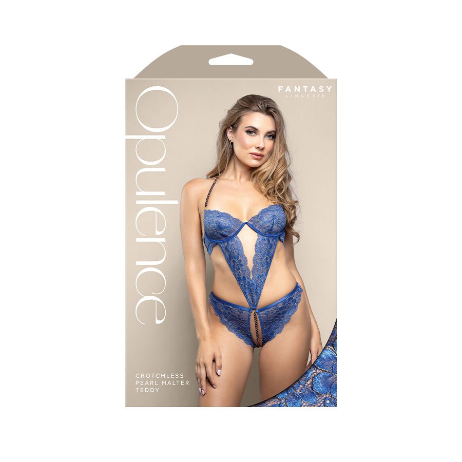 Fantasy Lingerie OPULENCE Crotchless Pearl Halter Teddy - Royal Blue Size S/M or M/L