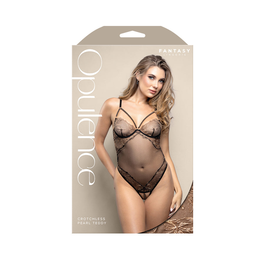 Fantasy Lingerie OPULENCE Crotchless Pearl Teddy - Black Size S/M or M/L