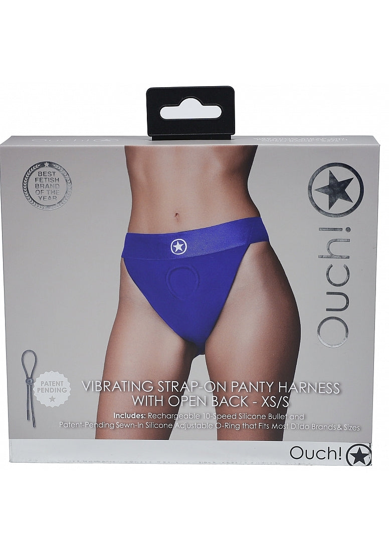 Shots Toys | OUCH! Vibrating Strap-on Panty Harness with Open Back - Royal Blue - Size XS/S