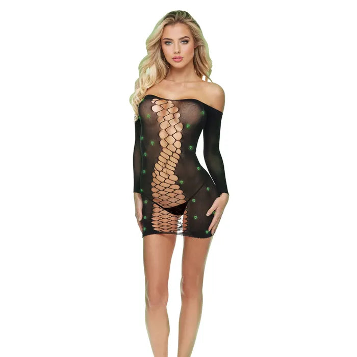 Lapdance Diamond Mesh Cutout Mini Dress Black with Glow In Dark Pattern - Size OS