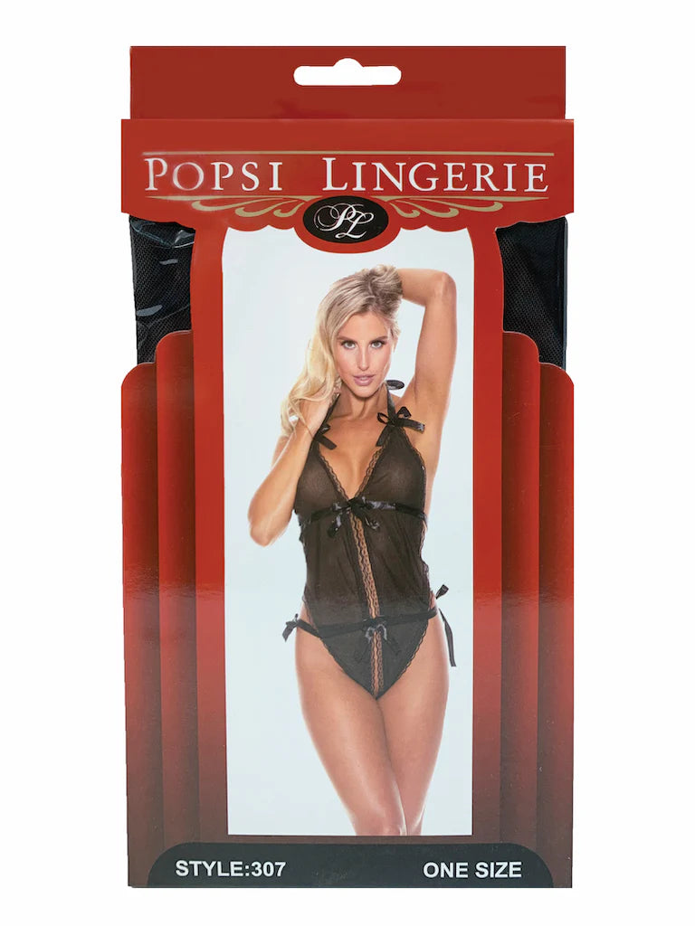 Popsi Lingerie Black Sheer Ribbon Teddy Size OS