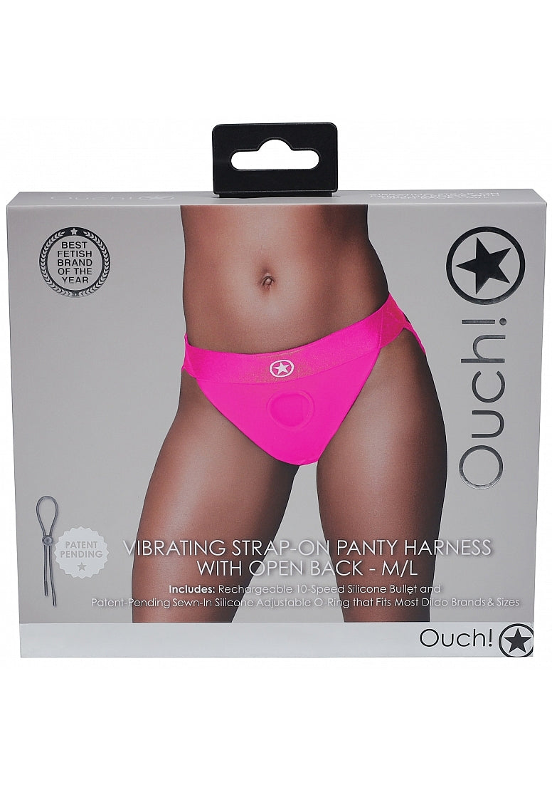 Shots Toys | OUCH! Vibrating Strap-on Panty Harness with Open Back - Pink - Size M/L