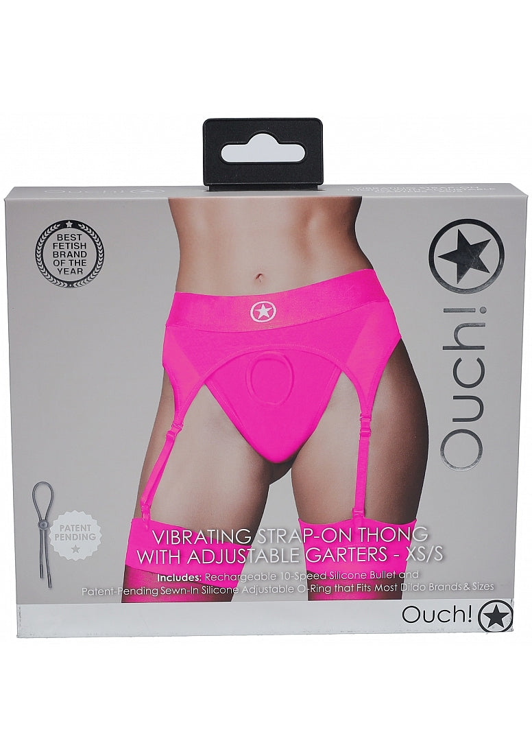 Shots Toys | OUCH! Vibrating Strap-On Thong with Adjustable Garters - Pink - Size XS/S