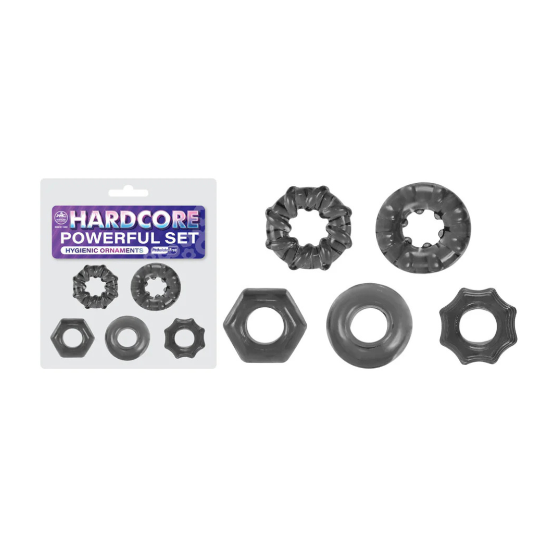 Excellent Power Hardcore 40mm Tpe Ornament 5pcs Cock Ring Set Transparent Black