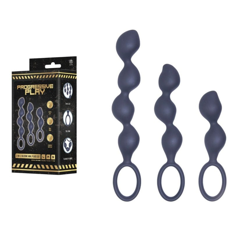 Excellent Power | Progressive Play 3 In 1 Silicone Butt Plug Kit Set In Black
