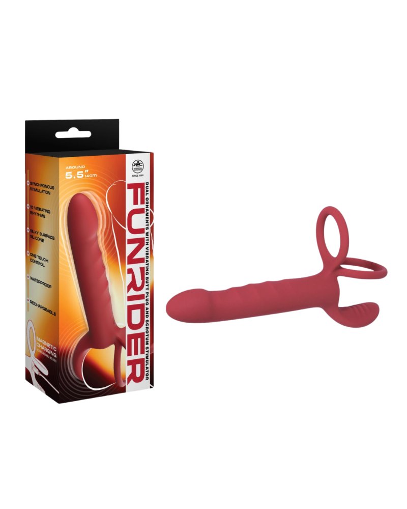 Excellent Power | Fun Rider Dual Ornament Vibrating Butt Plug with Scrotum Stimulator Red