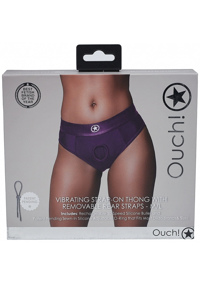 Shots Toys | OUCH! Vibrating Strap-on Thong with Removable Butt Straps - Purple - Size M/L