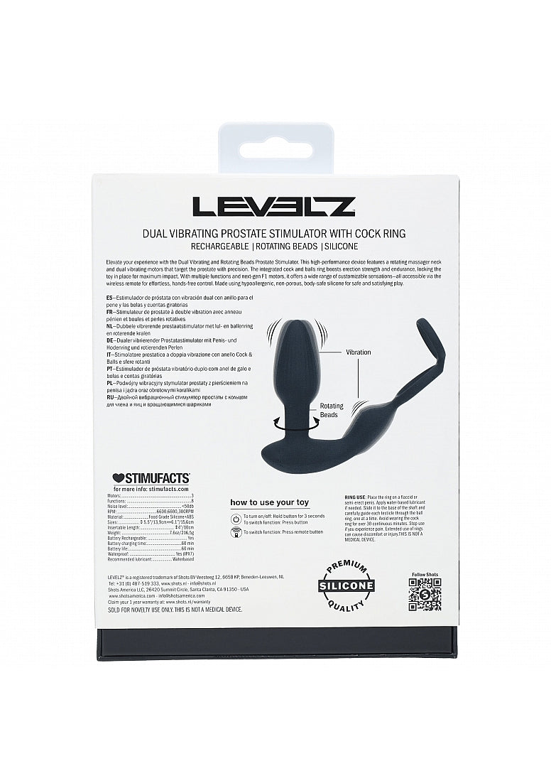 Shots Toys | LEVELZ - Dual Vibrating Remote Control & Rotating Beads Silicone Prostate Stimulator with Cock & Ball