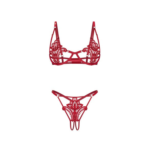 Obsessive Lingerie Luise Sublim 2 Pc Bra Panty Crotchless Set Red Size S/M