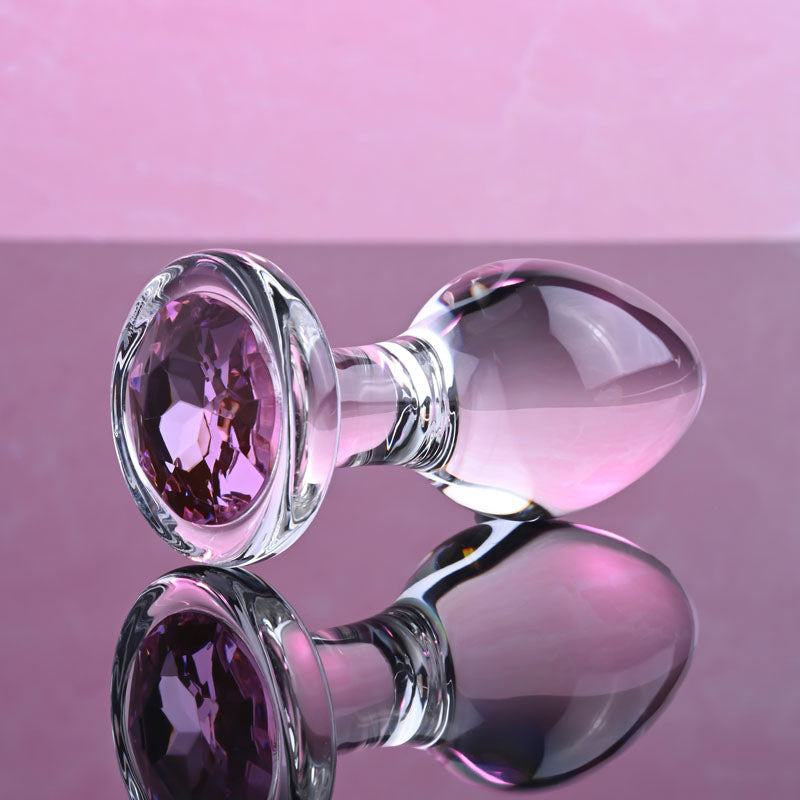 Adam & Eve PINK GEM GLASS PLUG MEDIUM - Clear Glass 8.7cm Butt Plug with Pink Gem Base