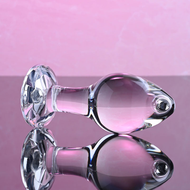 Adam & Eve PINK GEM GLASS PLUG MEDIUM - Clear Glass 8.7cm Butt Plug with Pink Gem Base