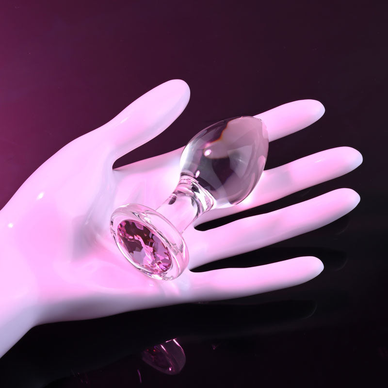 Adam & Eve PINK GEM GLASS PLUG MEDIUM - Clear Glass 8.7cm Butt Plug with Pink Gem Base