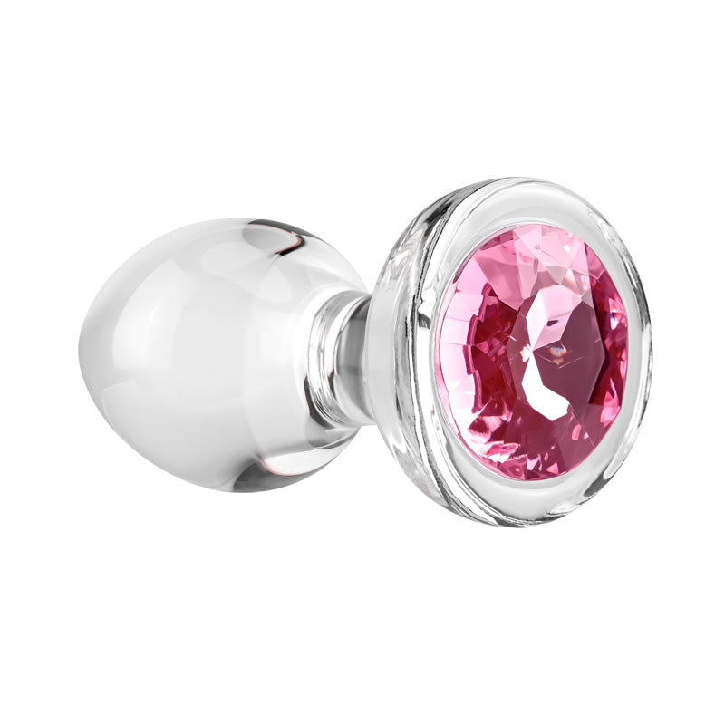 Adam & Eve PINK GEM GLASS PLUG MEDIUM - Clear Glass 8.7cm Butt Plug with Pink Gem Base