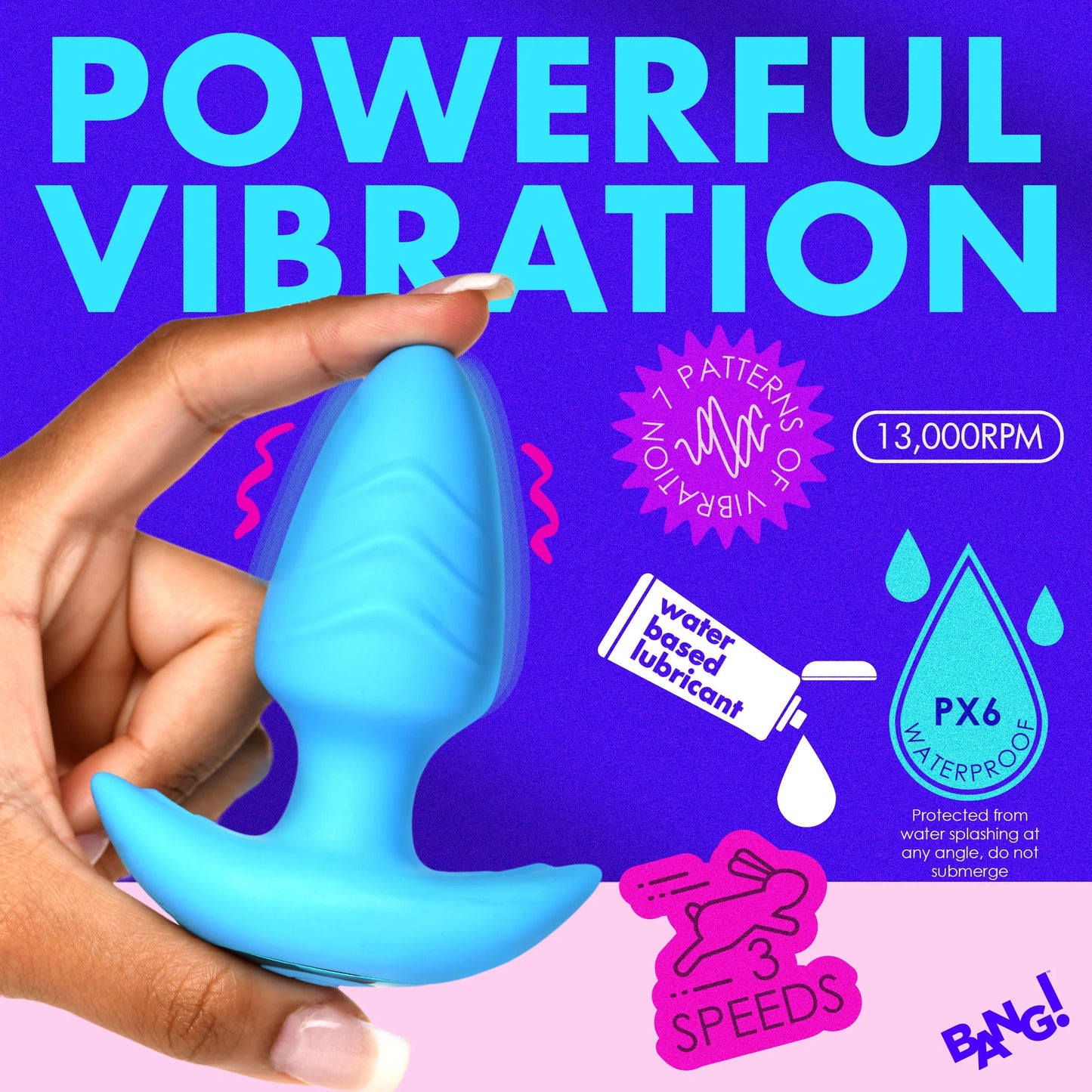 XR Brands | BANG! 10X Rotating & Vibrating Silicone Butt Plug w/ Remote - Blue