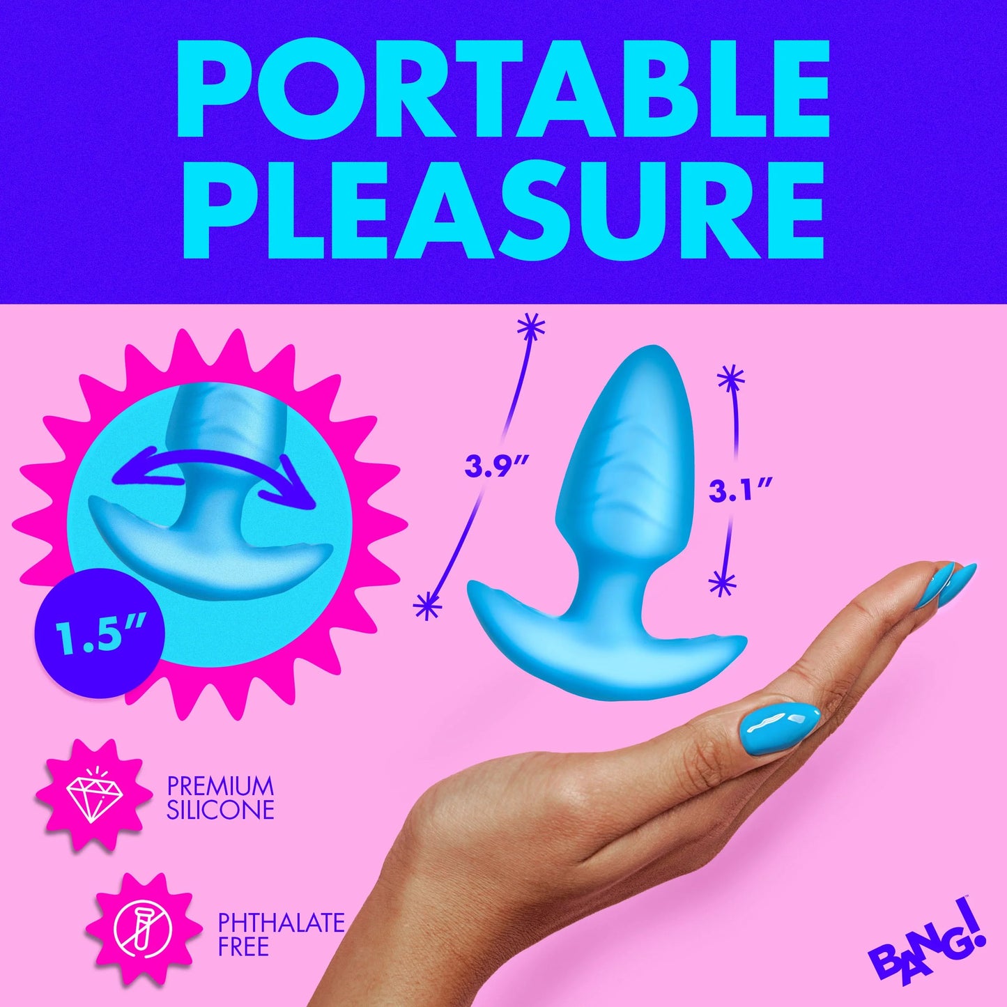 XR Brands | BANG! 10X Rotating & Vibrating Silicone Butt Plug w/ Remote - Blue