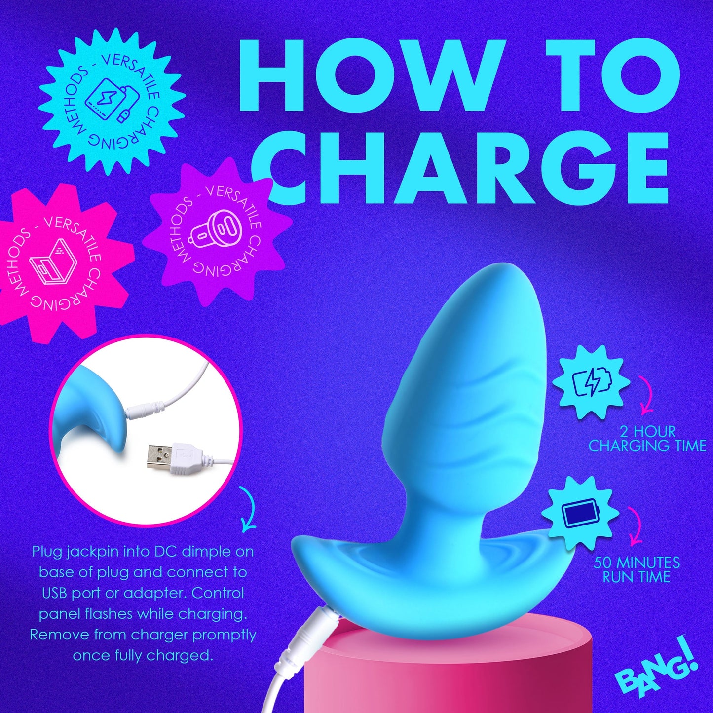 XR Brands | BANG! 10X Rotating & Vibrating Silicone Butt Plug w/ Remote - Blue