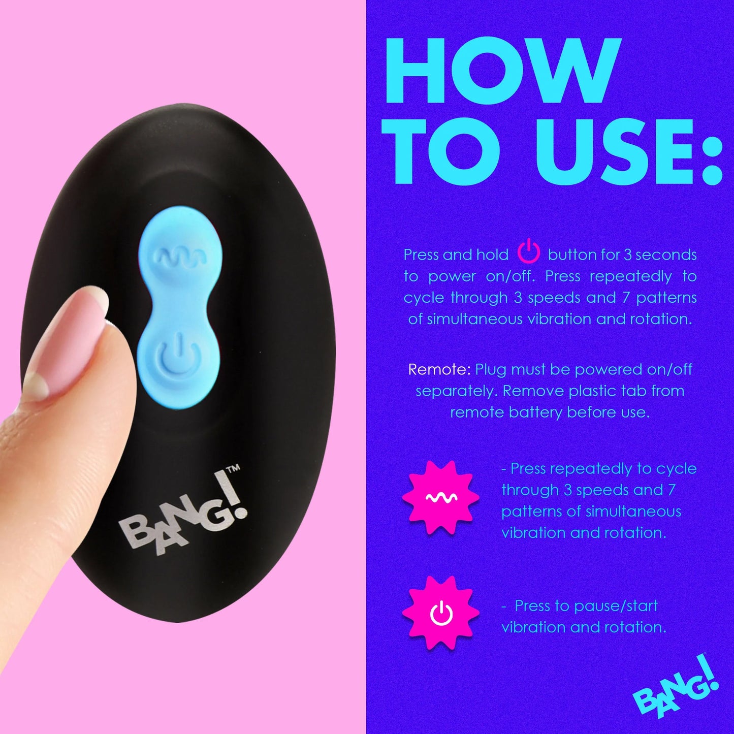 XR Brands | BANG! 10X Rotating & Vibrating Silicone Butt Plug w/ Remote - Blue