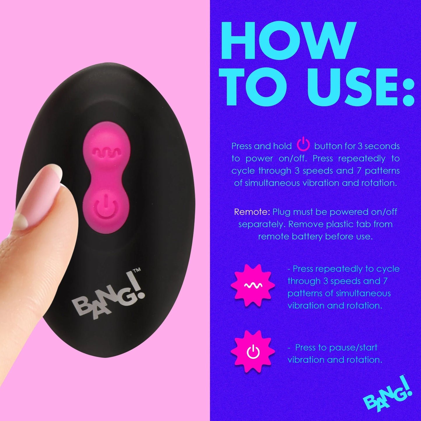 XR Brands | BANG! 10X Rotating & Vibrating Silicone Butt Plug w/ Remote - Pink