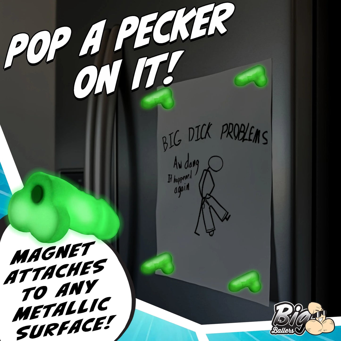 XR Brands | Big Ballers Glow-in-the-Dark Magnetic Snap-On Peckers - 4 Pack