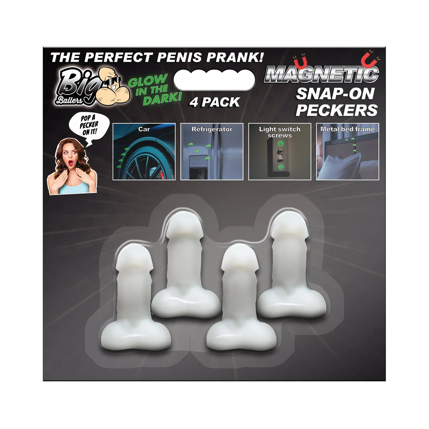 XR Brands | Big Ballers Glow-in-the-Dark Magnetic Snap-On Peckers - 4 Pack