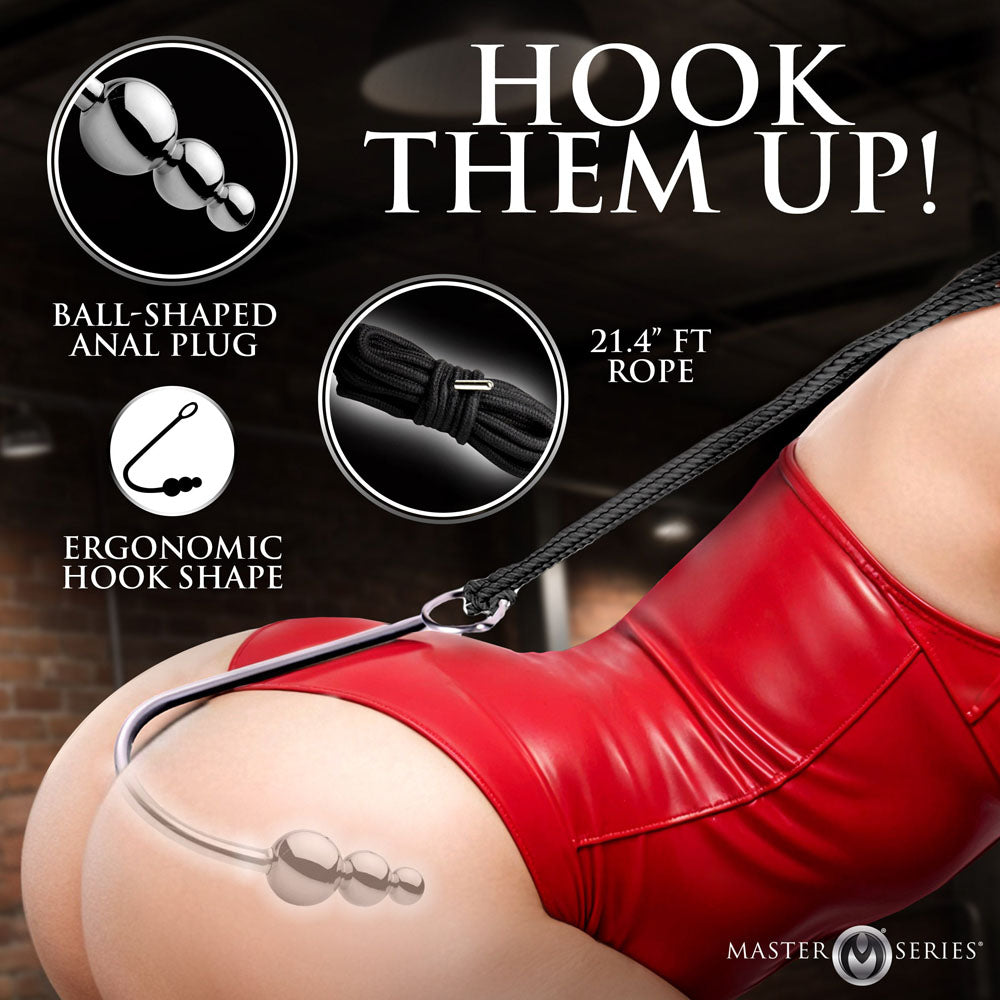 Master Series Roped - Beaded Metal Anal Hook with Rope
