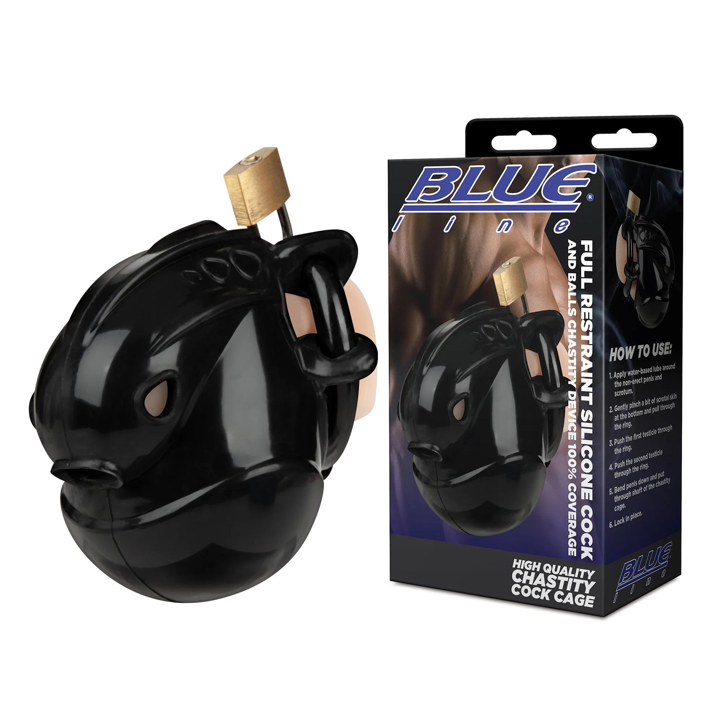Electric EEL | Blue Line Full Restraint Silicone Cock And Balls Chastity Device 100% Coverage - Black