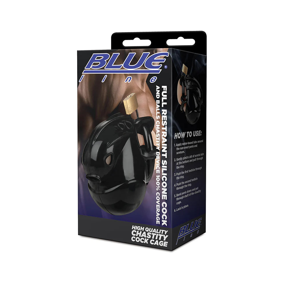 Electric EEL | Blue Line Full Restraint Silicone Cock And Balls Chastity Device 100% Coverage - Black