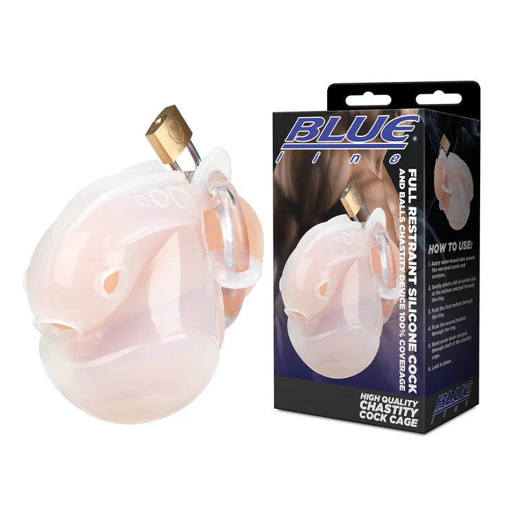 Electric EEL | Blue Line Full Restraint Silicone Cock And Balls Chastity Device 100% Coverage - White