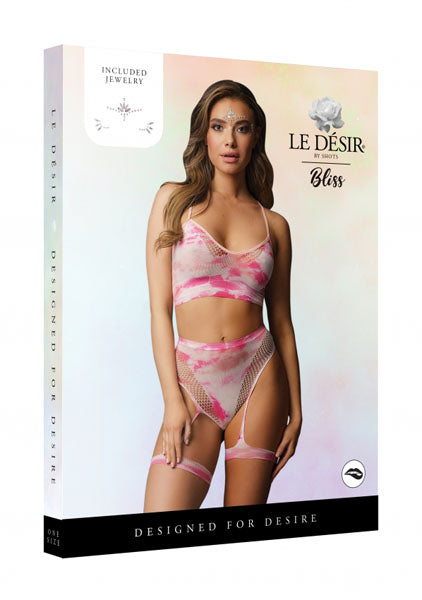 Le Desir Bliss 2 Pc Tie Dye Bra Set With Garters & Dazzling Eye Contact Bling Sticker Size OS