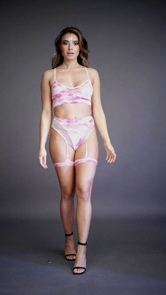 Le Desir Bliss 2 Pc Tie Dye Bra Set With Garters & Dazzling Eye Contact Bling Sticker Size OS
