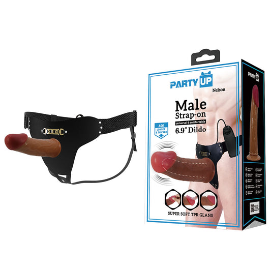 Party Up NELSON Vibrating Strap-On - Brown 17.5cm Vibrating Hollow Strap-On