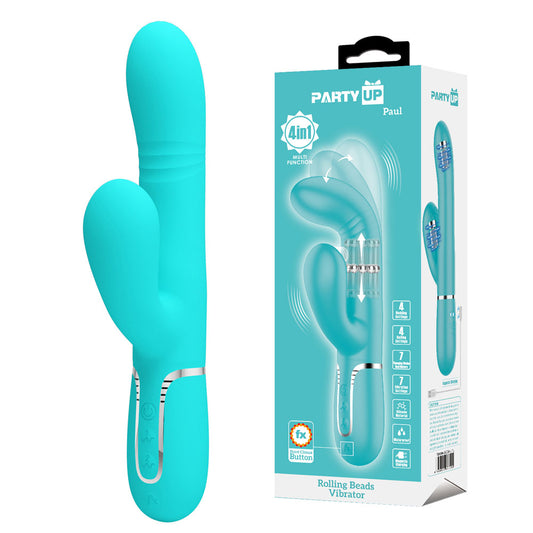 Party Up Paul 4in1 Rolling Beads Thumping Rabbit Vibrator Teal