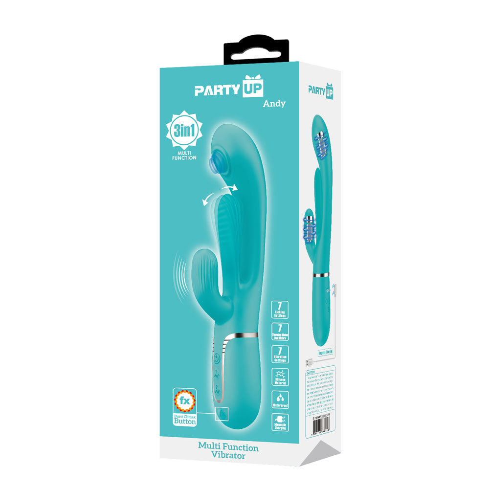 Party Up Andy 3in1 Rabbit Vibrator with Flicking and Thumping Tip Teal